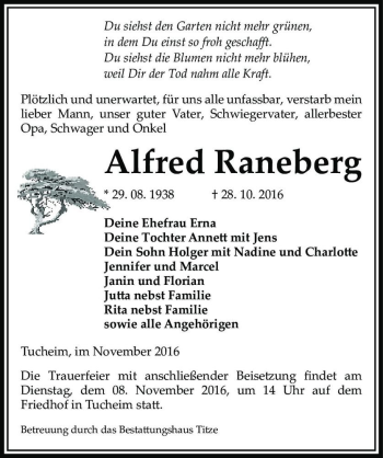 Traueranzeige von Alfred Raneberg  von Magdeburger Volksstimme