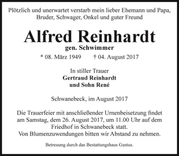 Traueranzeige von Alfred Reinhardt (gen. Schwimmer)  von Magdeburger Volksstimme