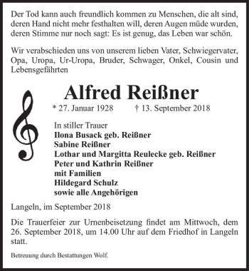 Traueranzeige von Alfred Reißner  von Magdeburger Volksstimme