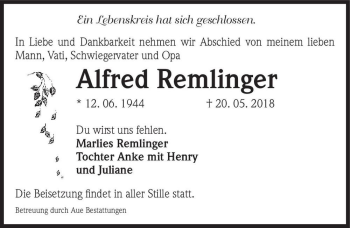 Traueranzeige von Alfred Remlinger  von Magdeburger Volksstimme