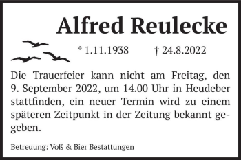 Traueranzeige von Alfred Reulecke  von Magdeburger Volksstimme