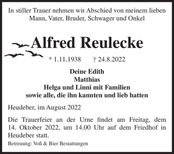 Traueranzeige von Alfred Reulecke  von Magdeburger Volksstimme
