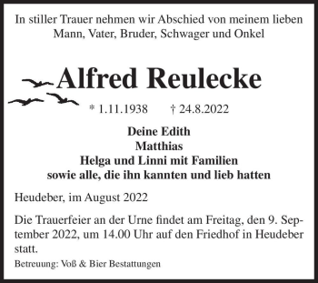 Traueranzeige von Alfred Reulecke  von Magdeburger Volksstimme