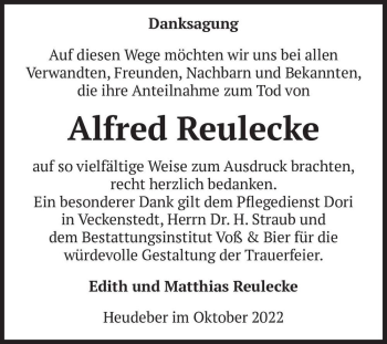 Traueranzeige von Alfred Reulecke  von Magdeburger Volksstimme