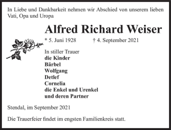 Traueranzeige von Alfred Richard Weiser  von Magdeburger Volksstimme