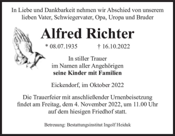 Traueranzeige von Alfred Richter  von Magdeburger Volksstimme