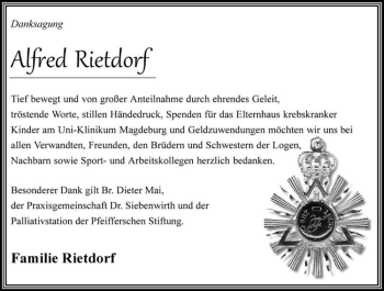 Traueranzeige von Alfred Rietdorf  von Magdeburger Volksstimme