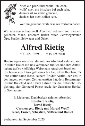 Traueranzeige von Alfred Rietig  von Magdeburger Volksstimme