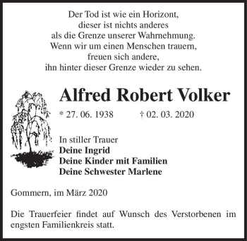 Traueranzeige von Alfred Robert Voker  von Magdeburger Volksstimme