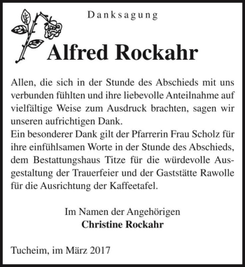 Traueranzeige von Alfred Rockahr  von Magdeburger Volksstimme