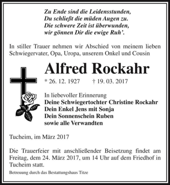 Traueranzeige von Alfred Rockahr  von Magdeburger Volksstimme