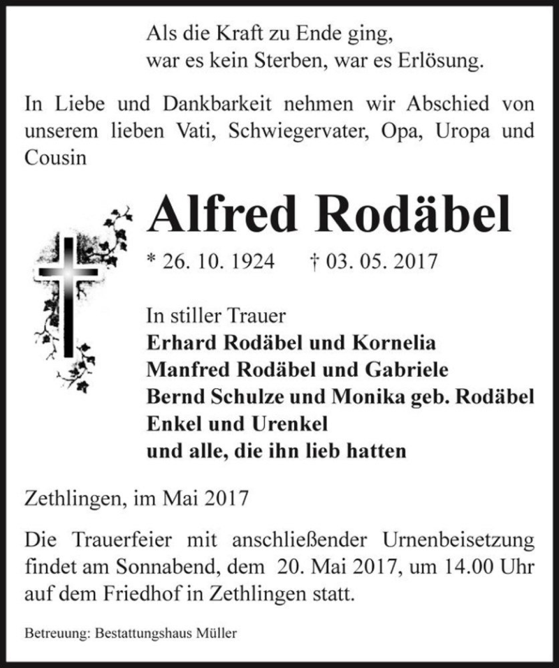  Traueranzeige für Alfred Rodäbel  vom 05.05.2017 aus Magdeburger Volksstimme