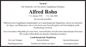 Traueranzeige von Alfred Rohn  von Magdeburger Volksstimme