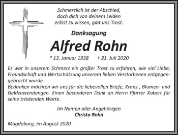 Traueranzeige von Alfred Rohn  von Magdeburger Volksstimme