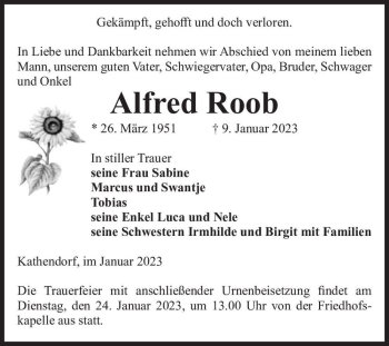 Traueranzeige von Alfred Roob  von Magdeburger Volksstimme
