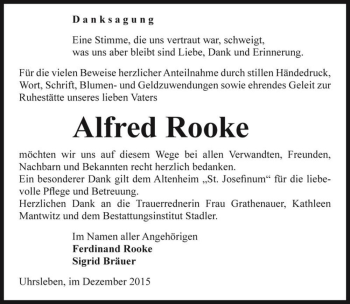 Traueranzeige von Alfred Rooke  von Magdeburger Volksstimme