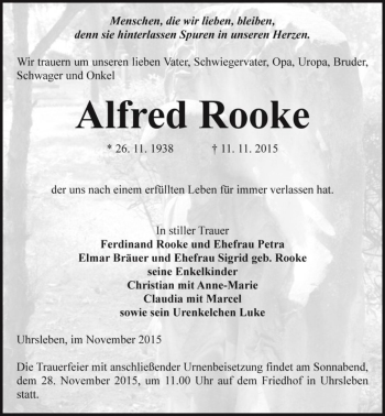 Traueranzeige von Alfred Rooke  von Magdeburger Volksstimme