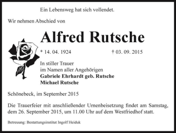 Traueranzeige von Alfred Rutsche  von Magdeburger Volksstimme