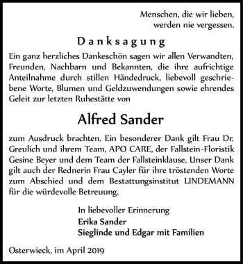 Traueranzeige von Alfred Sander  von Magdeburger Volksstimme