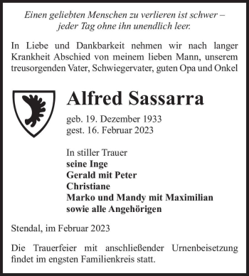 Traueranzeige von Alfred Sassarra  von Magdeburger Volksstimme