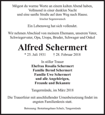 Traueranzeige von Alfred Schermert  von Magdeburger Volksstimme