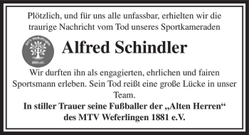 Traueranzeige von Alfred Schindler  von Magdeburger Volksstimme