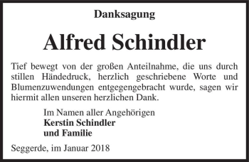 Traueranzeige von Alfred Schindler  von Magdeburger Volksstimme