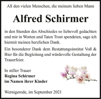 Traueranzeige von Alfred Schirmer  von Magdeburger Volksstimme