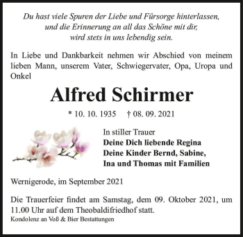Traueranzeige von Alfred Schirmer  von Magdeburger Volksstimme