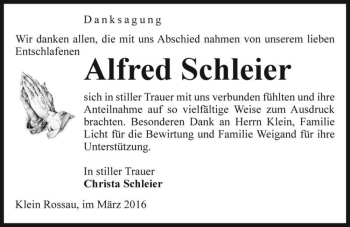 Traueranzeige von Alfred Schleier  von Magdeburger Volksstimme