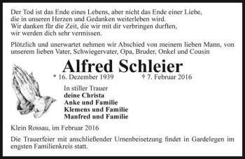Traueranzeige von Alfred Schleier  von Magdeburger Volksstimme