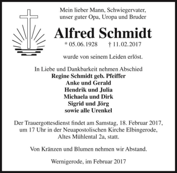 Traueranzeige von Alfred Schmidt  von Magdeburger Volksstimme