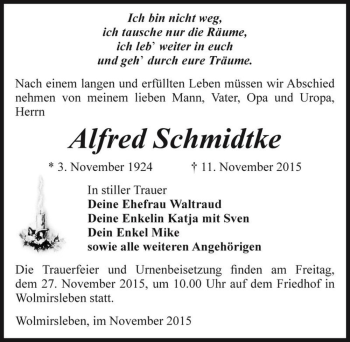 Traueranzeige von Alfred Schmidtke  von Magdeburger Volksstimme