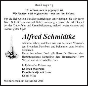 Traueranzeige von Alfred Schmidtke  von Magdeburger Volksstimme