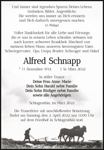 Traueranzeige von Alfred Schnapp  von Magdeburger Volksstimme