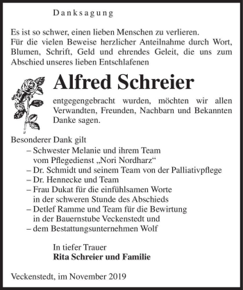 Traueranzeige von Alfred Schreier  von Magdeburger Volksstimme