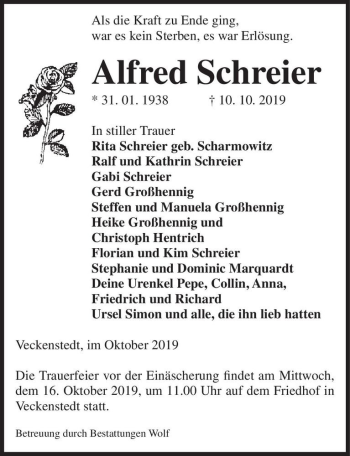 Traueranzeige von Alfred Schreier  von Magdeburger Volksstimme