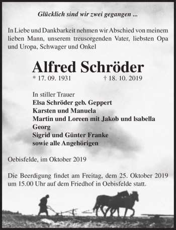 Traueranzeige von Alfred Schröder  von Magdeburger Volksstimme