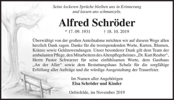 Traueranzeige von Alfred Schröder  von Magdeburger Volksstimme