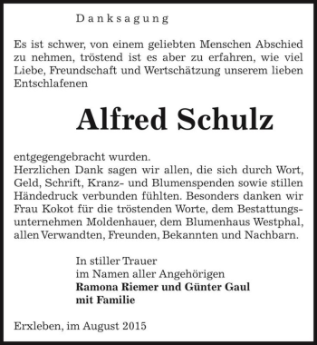 Traueranzeige von Alfred Schulz  von Magdeburger Volksstimme