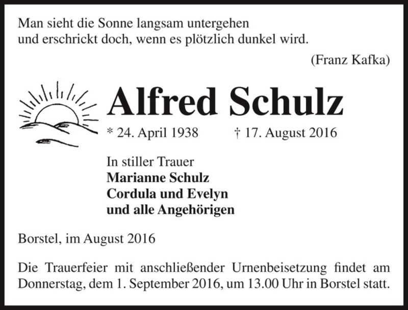  Traueranzeige für Alfred Schulz  vom 26.08.2016 aus Magdeburger Volksstimme