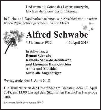 Traueranzeige von Alfred Schwabe  von Magdeburger Volksstimme