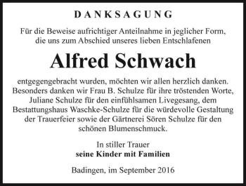 Traueranzeige von Alfred Schwach  von Magdeburger Volksstimme
