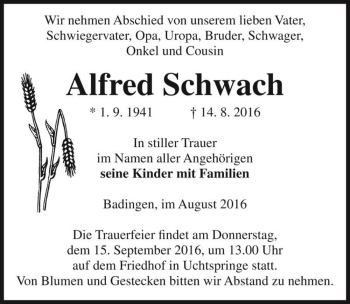 Traueranzeige von Alfred Schwach  von Magdeburger Volksstimme
