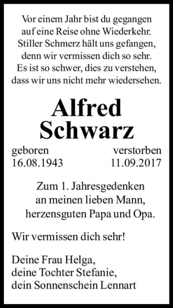 Traueranzeige von Alfred Schwarz  von Magdeburger Volksstimme