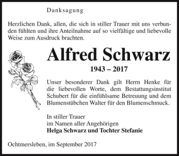 Traueranzeige von Alfred Schwarz  von Magdeburger Volksstimme