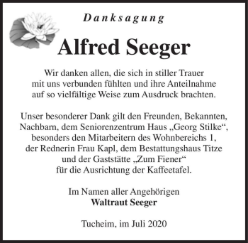Traueranzeige von Alfred Seeger  von Magdeburger Volksstimme
