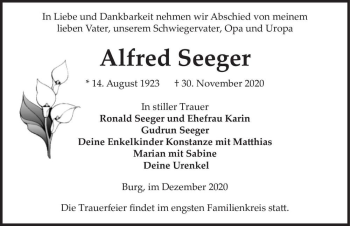 Traueranzeige von Alfred Seeger  von Magdeburger Volksstimme