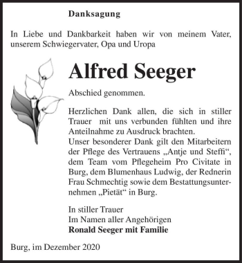 Traueranzeige von Alfred Seeger  von Magdeburger Volksstimme