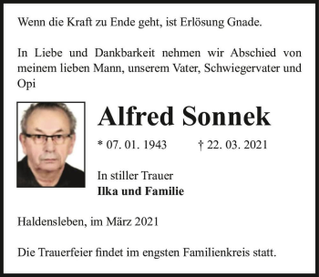 Traueranzeige von Alfred Sonnek  von Magdeburger Volksstimme